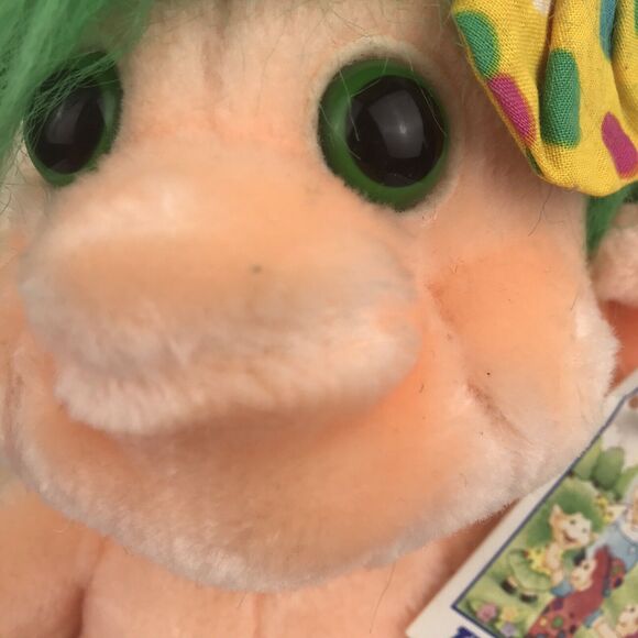 Vintage Trolio Trolls Plush 9.5" Doll 1992 Chosun Green Hair Bow Naked w/ Tag - Picture 3 of 13